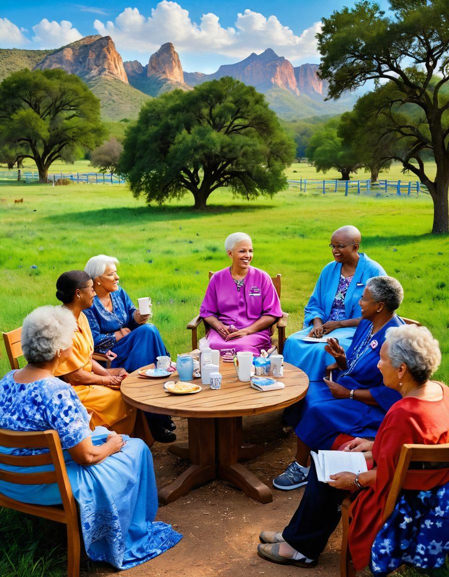A warm, welcoming scene depicting a diverse group of cancer patients in Texas engaged in a supportive discussion circle. The background features iconic Texas landscapes, such as rolling hills and bluebonnets. Include symbols of healthcare advocacy, like pamphlets and ribbons, alongside comforting items like tea and blankets. Portray a sense of empowerment and community connection among the individuals. vibrant colors. super-realistic.