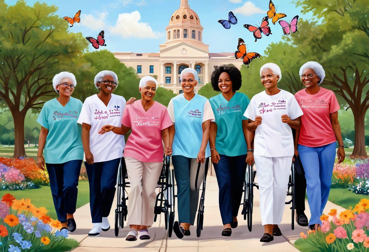 A heartwarming scene depicting a diverse group of Texas cancer patients engaging in various stages of their journey, from a doctor discussing preventive care to joyful survivors celebrating recovery. Incorporate symbols of hope like butterflies and blooming flowers, alongside Texas landmarks in the background. The color palette should evoke warmth and resilience, with soft pastel tones and vibrant accents. super-realistic. warm colors. white background.
