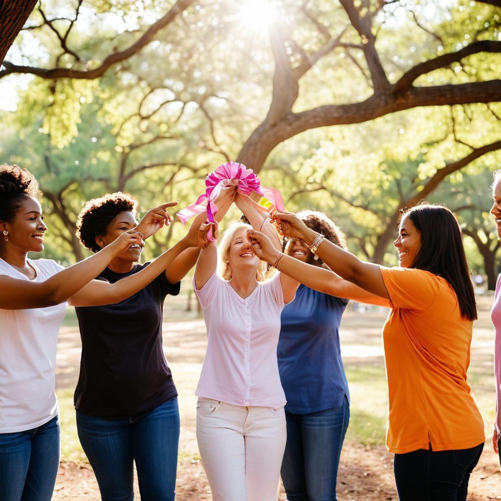 A supportive group circle of diverse individuals in a Texas park, sharing stories and resources about cancer advocacy. Include symbols of hope like ribbons and flowers, and warm sunlight filtering through the trees. Capture the emotions of camaraderie, strength, and resilience. vibrant colors. soft focus. nature background.